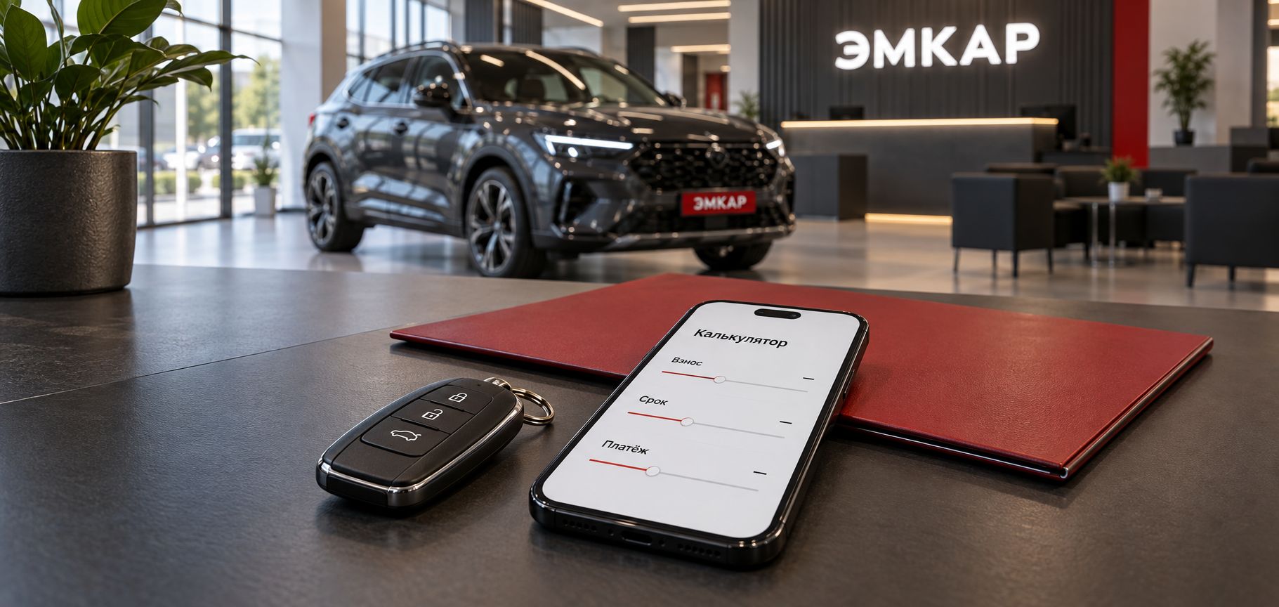 Ключ от автомобиля, смартфон с кредитным калькулятором и красная папка на столе, за ними кроссовер с номером ЭМКАР в шоуруме